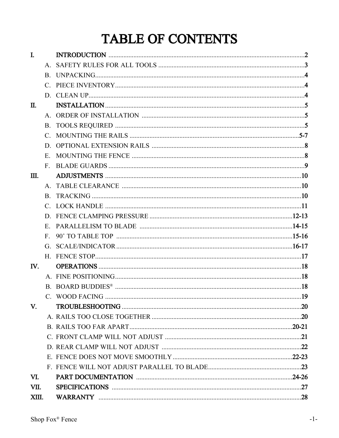 Woodstock W1410 manual Table Of Contents 