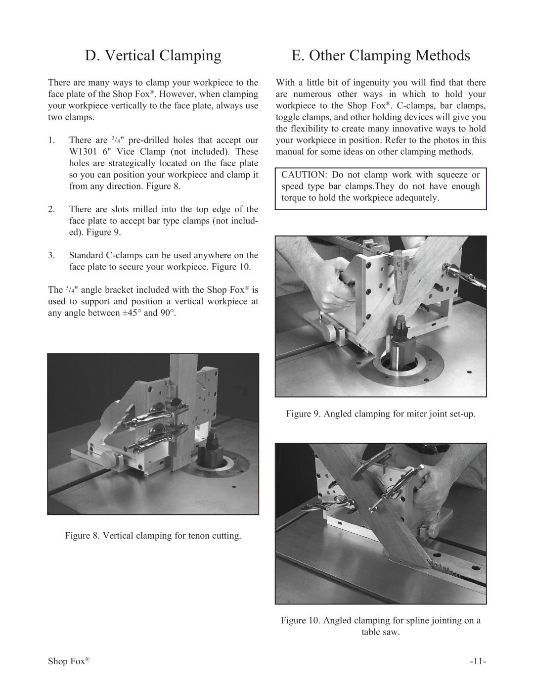 Woodstock W1500 manual Vertical Clamping Other Clamping Methods, Angled clamping for miter joint set-up 