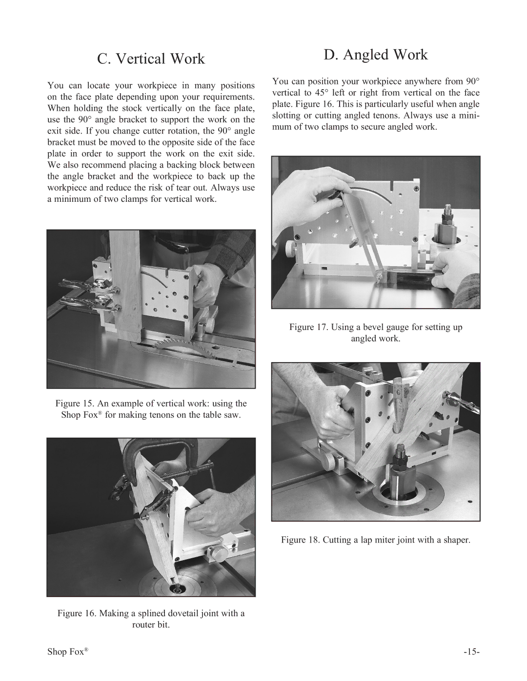 Woodstock W1500 manual Vertical Work Angled Work, Using a bevel gauge for setting up Angled work 