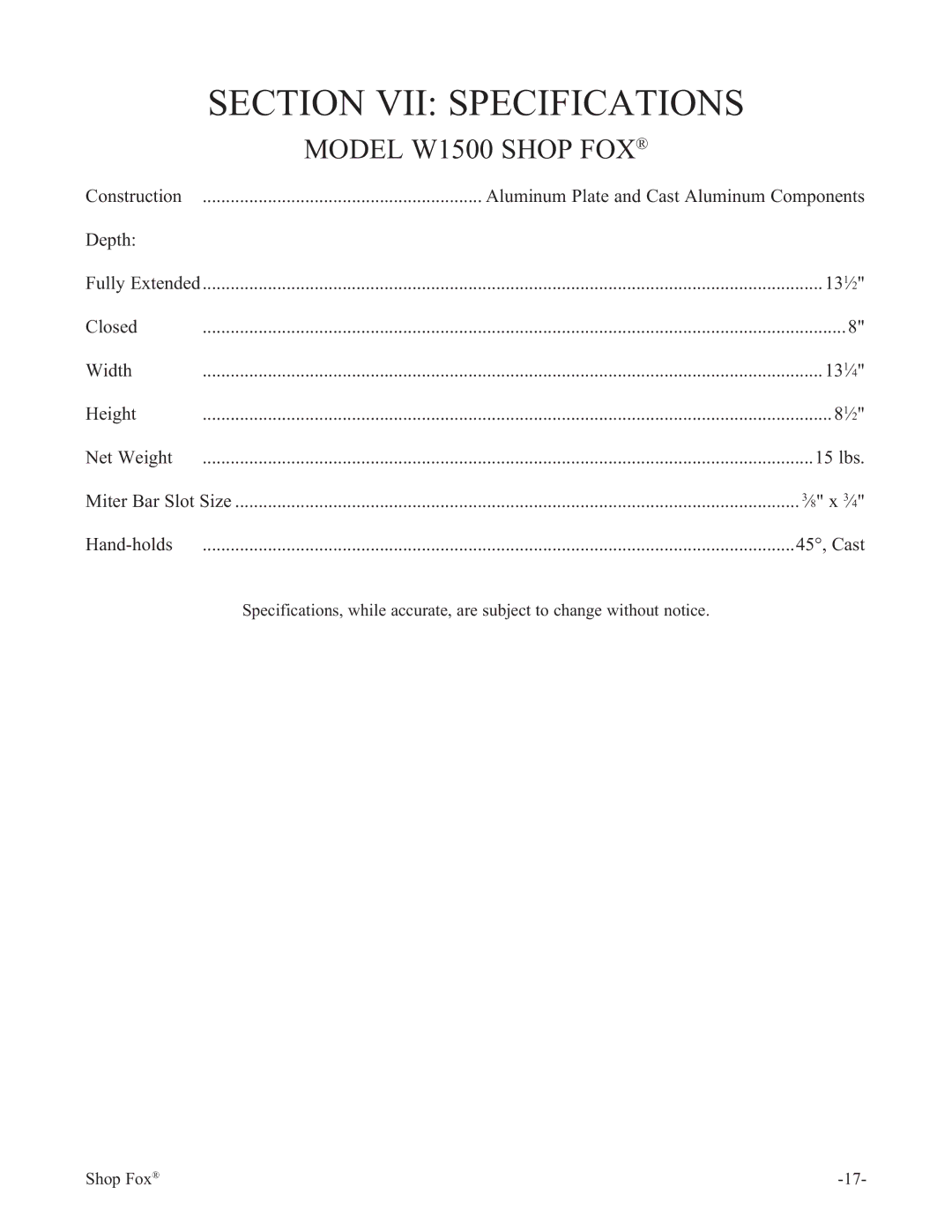 Woodstock manual Section VII Specifications, Model W1500 Shop FOX 