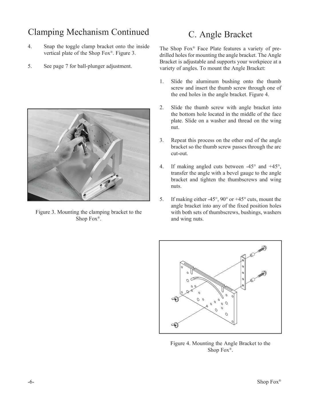 Woodstock W1500 manual Angle Bracket, Mounting the clamping bracket to Shop Fox 