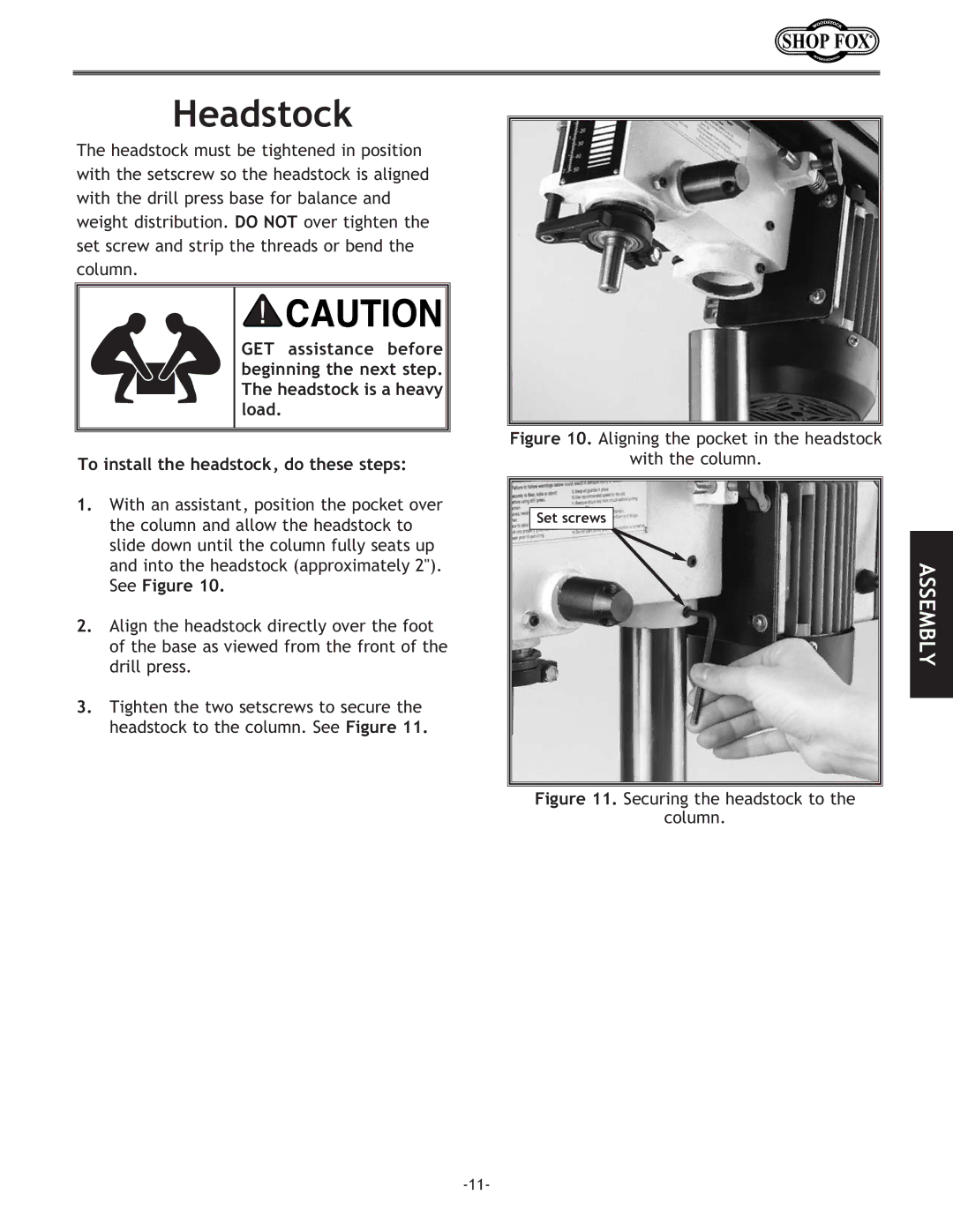 Woodstock W1667 instruction manual Headstock, Aligning the pocket in the headstock With the column 