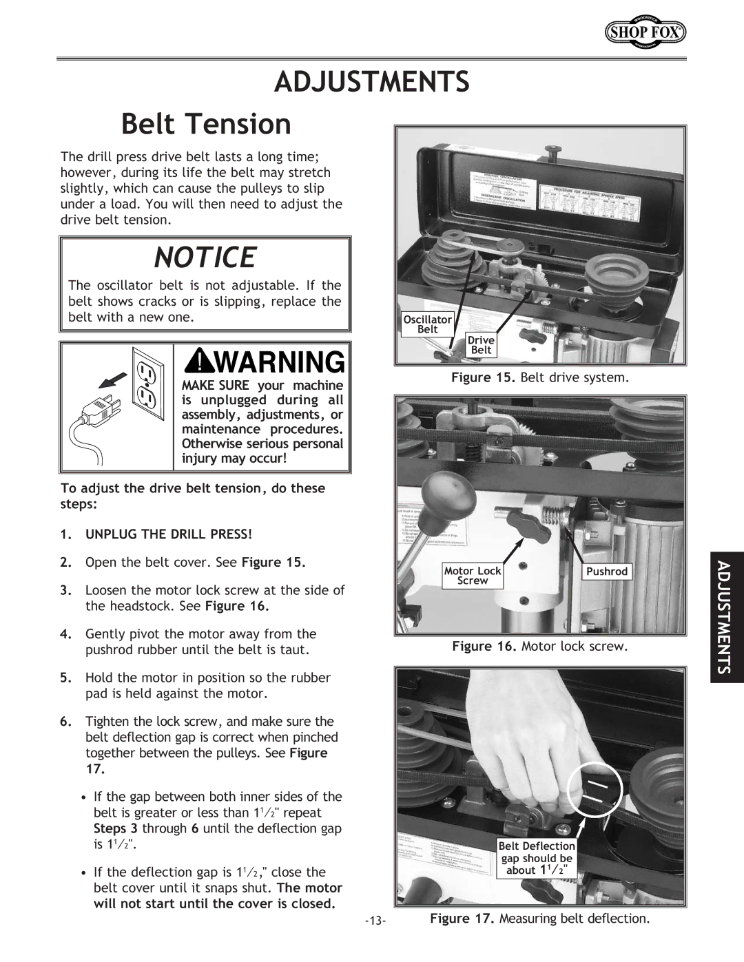 Woodstock W1667 instruction manual Belt Tension, To adjust the drive belt tension, do these steps 