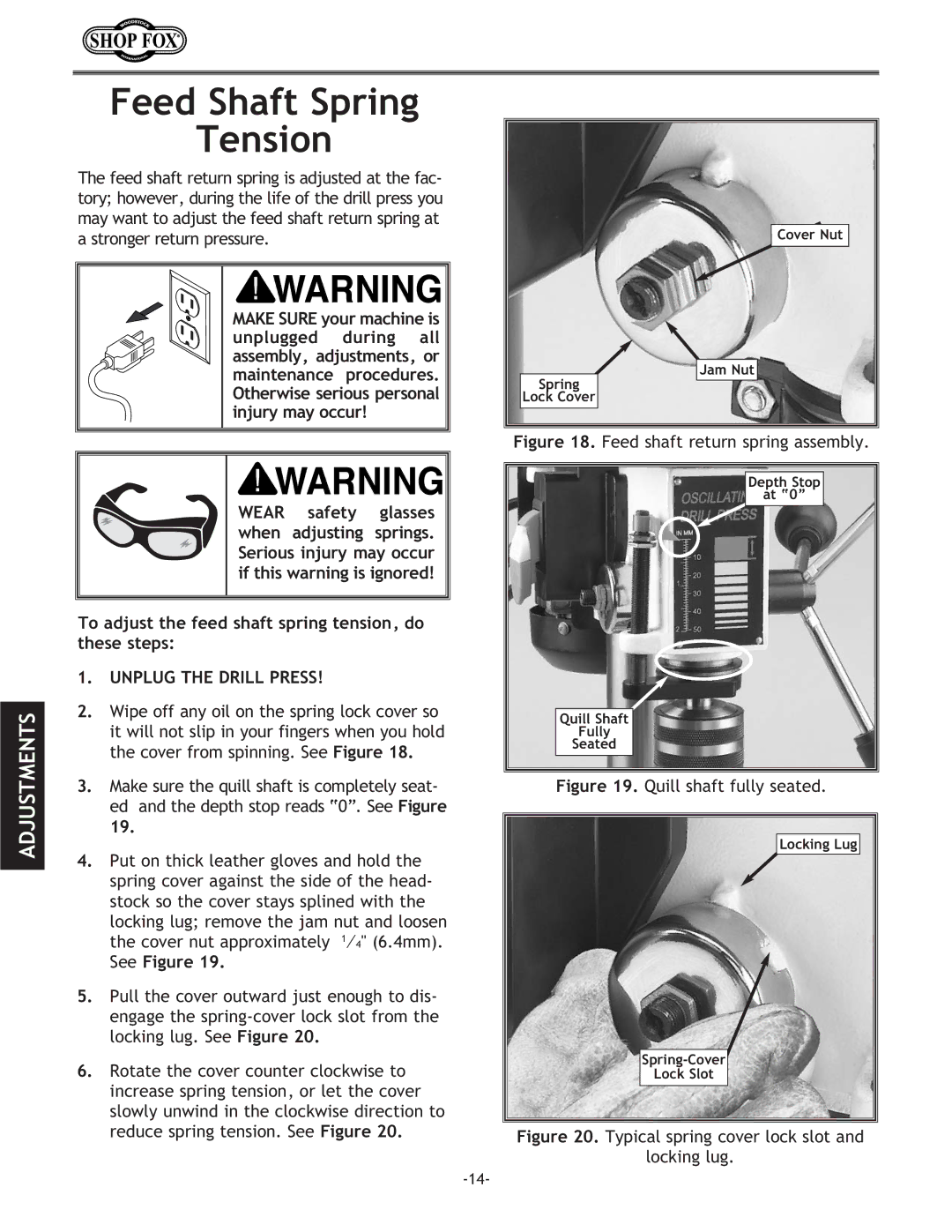 Woodstock W1667 instruction manual Feed Shaft Spring Tension, To adjust the feed shaft spring tension, do these steps 