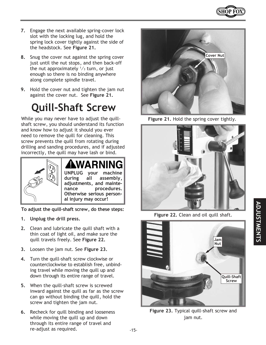 Woodstock W1667 instruction manual Quill-Shaft Screw, Hold the spring cover tightly 