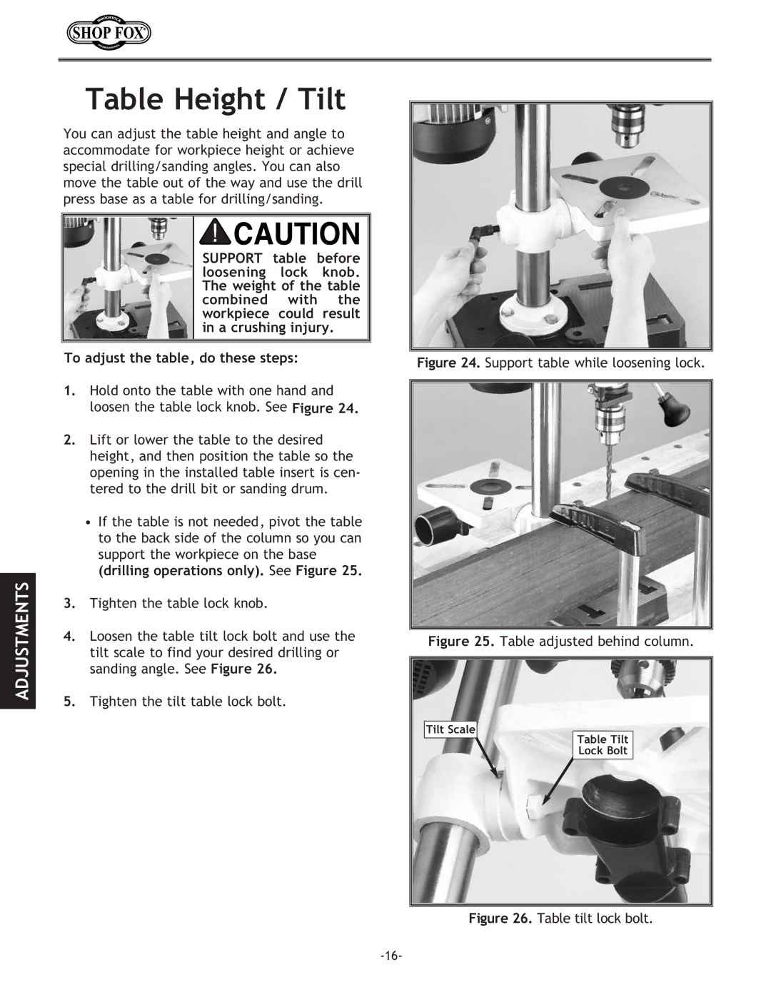 Woodstock W1667 instruction manual Table Height / Tilt, Support table while loosening lock 