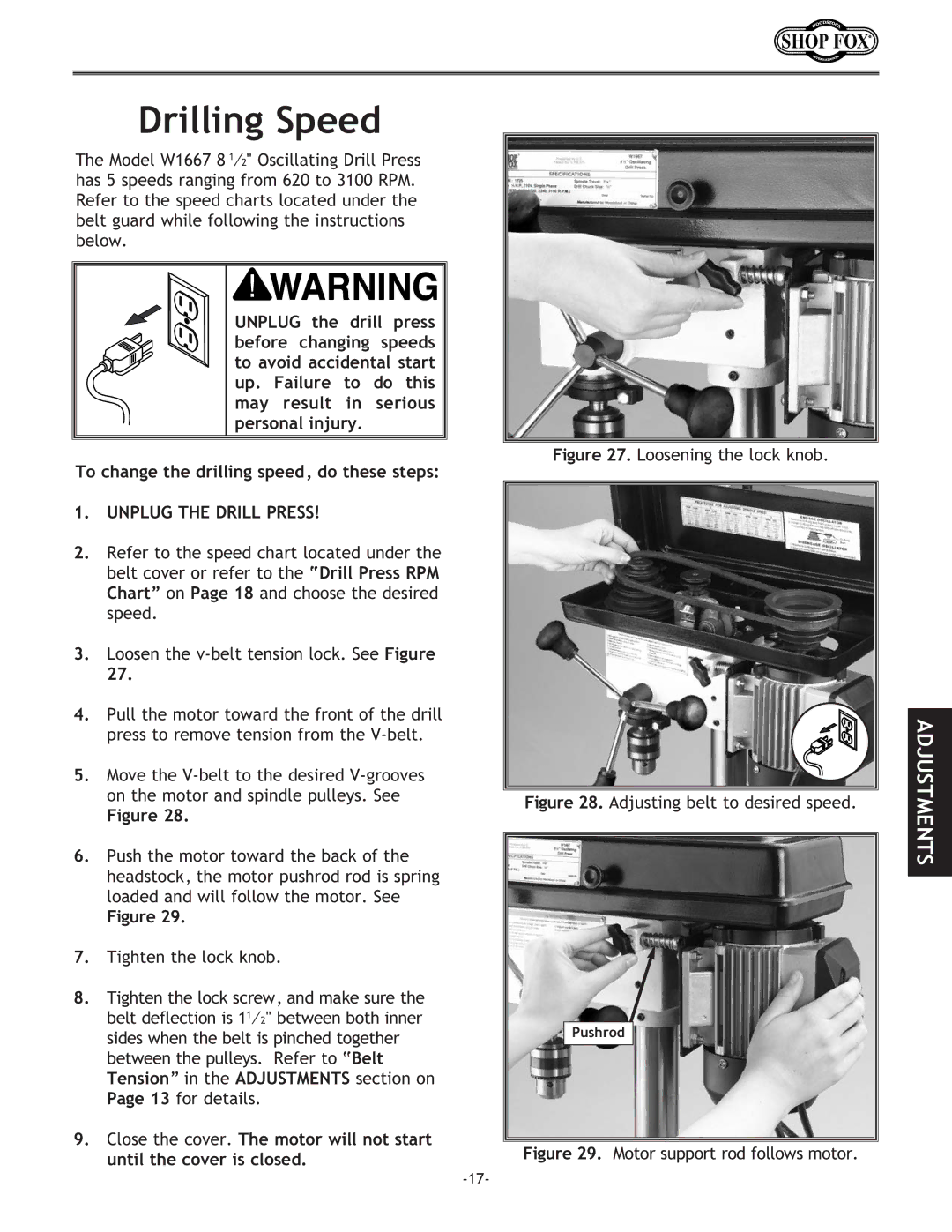 Woodstock W1667 instruction manual Drilling Speed, Loosening the lock knob 