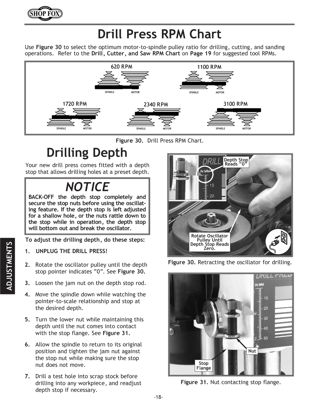 Woodstock W1667 instruction manual Drill Press RPM Chart, Drilling Depth, To adjust the drilling depth, do these steps 