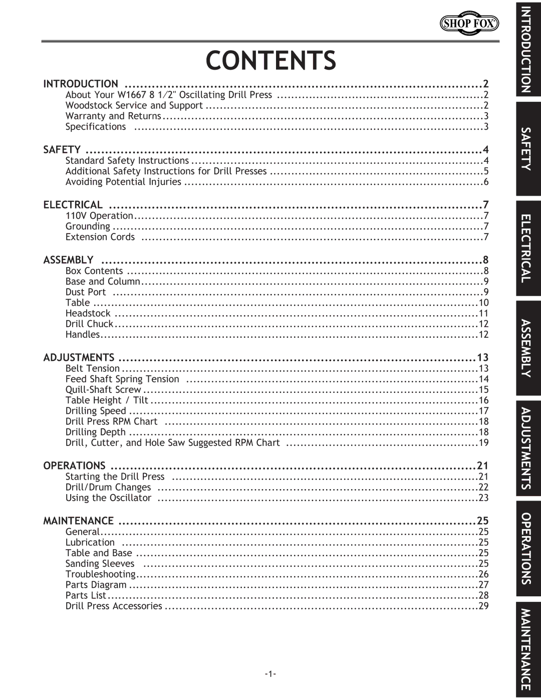 Woodstock W1667 instruction manual Contents 