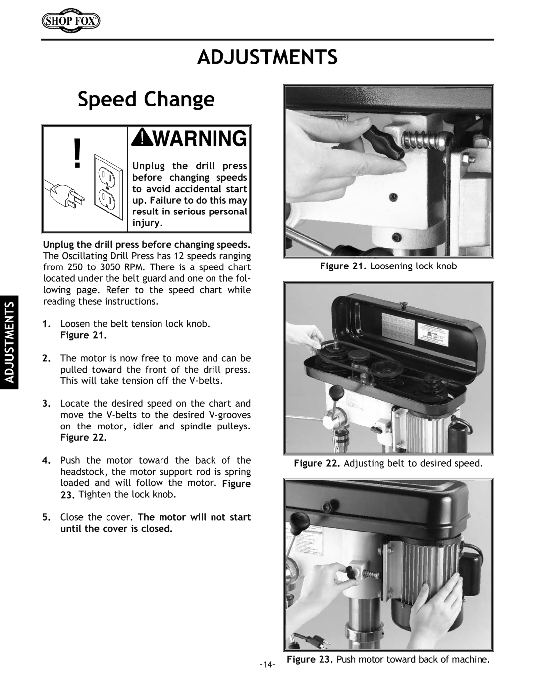 Woodstock W1668 instruction manual Adjustments, Speed Change 