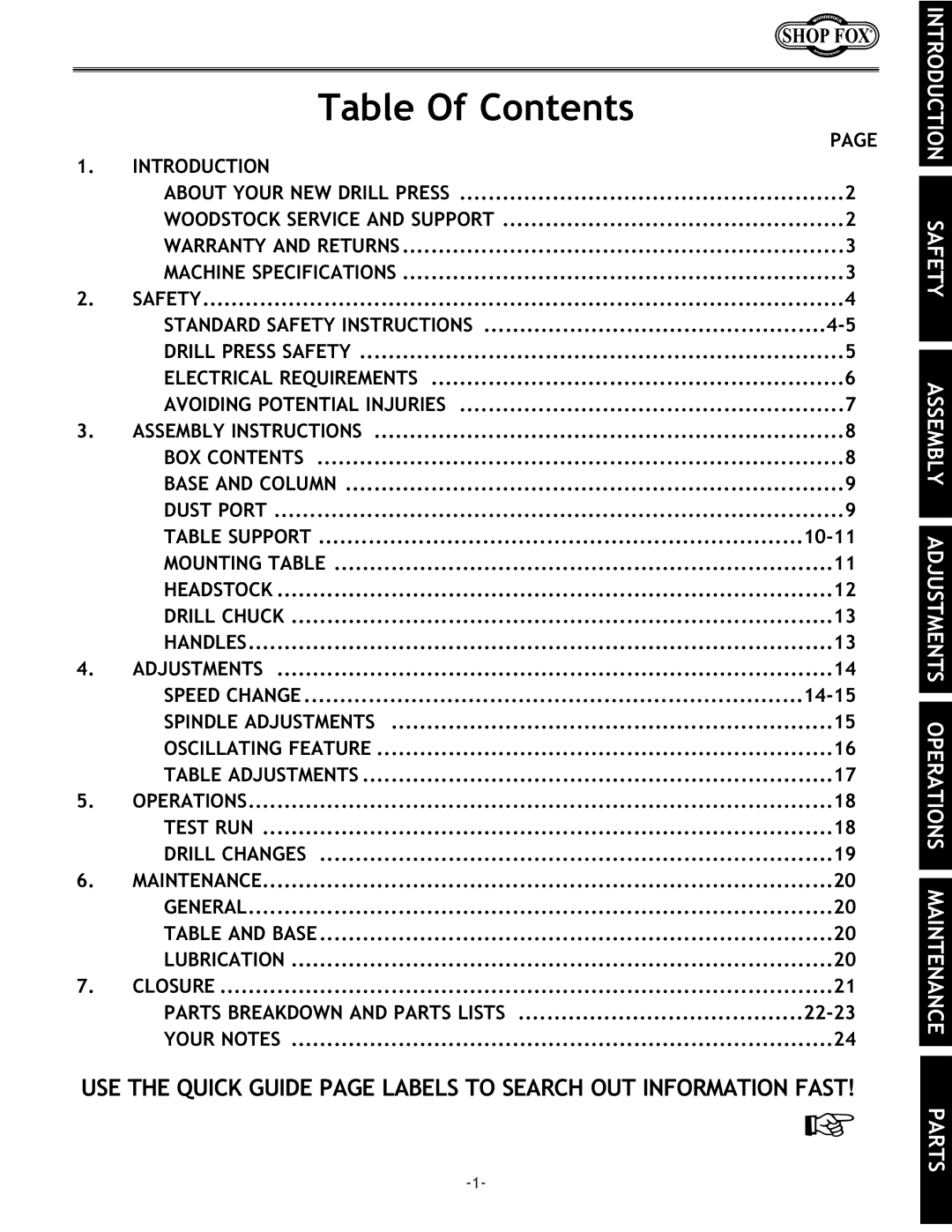 Woodstock W1668 instruction manual Table Of Contents 