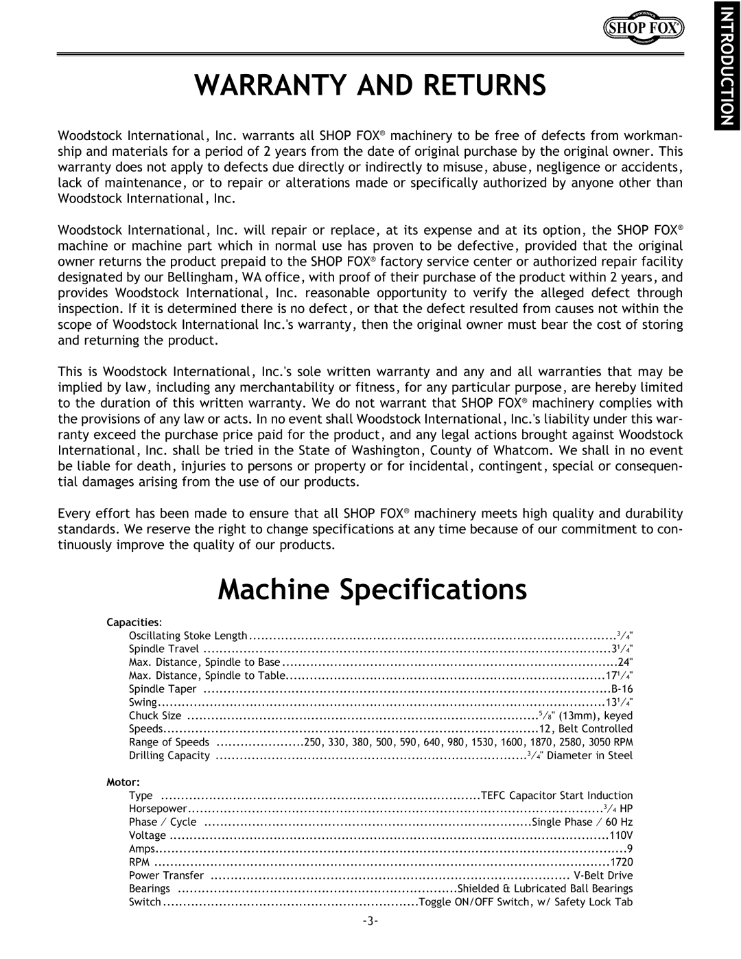 Woodstock W1668 instruction manual Warranty and Returns, Machine Specifications 