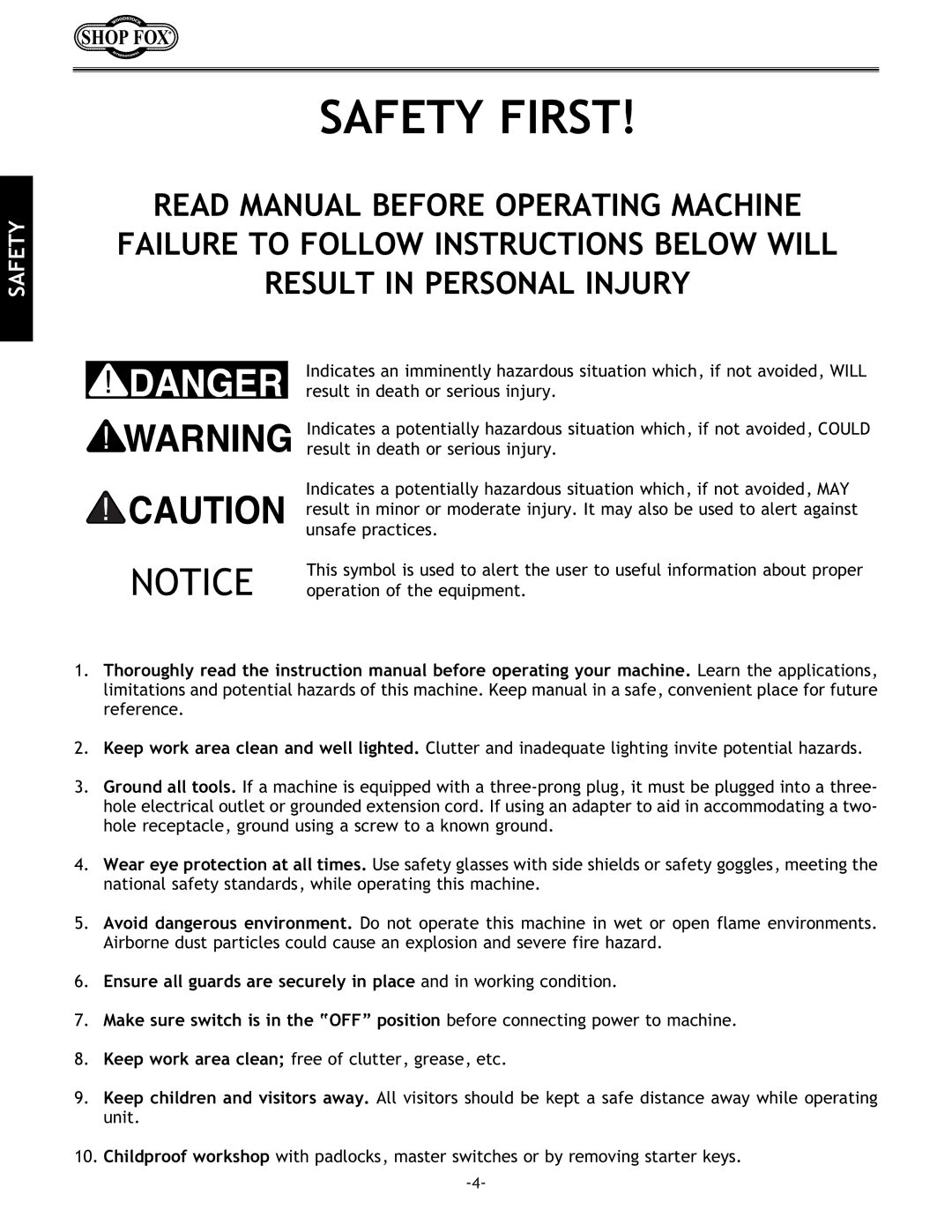 Woodstock W1668 instruction manual Safety First 