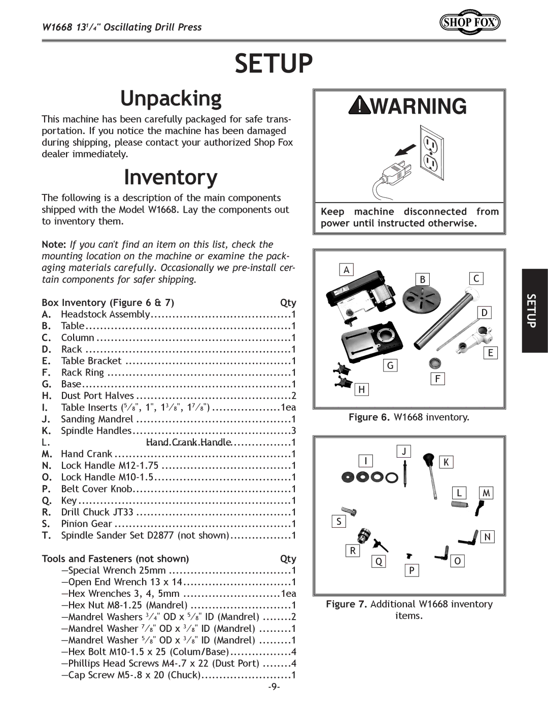 Woodstock W1668 manual Setup, Unpacking, Inventory, Tools and Fasteners not shown Qty 