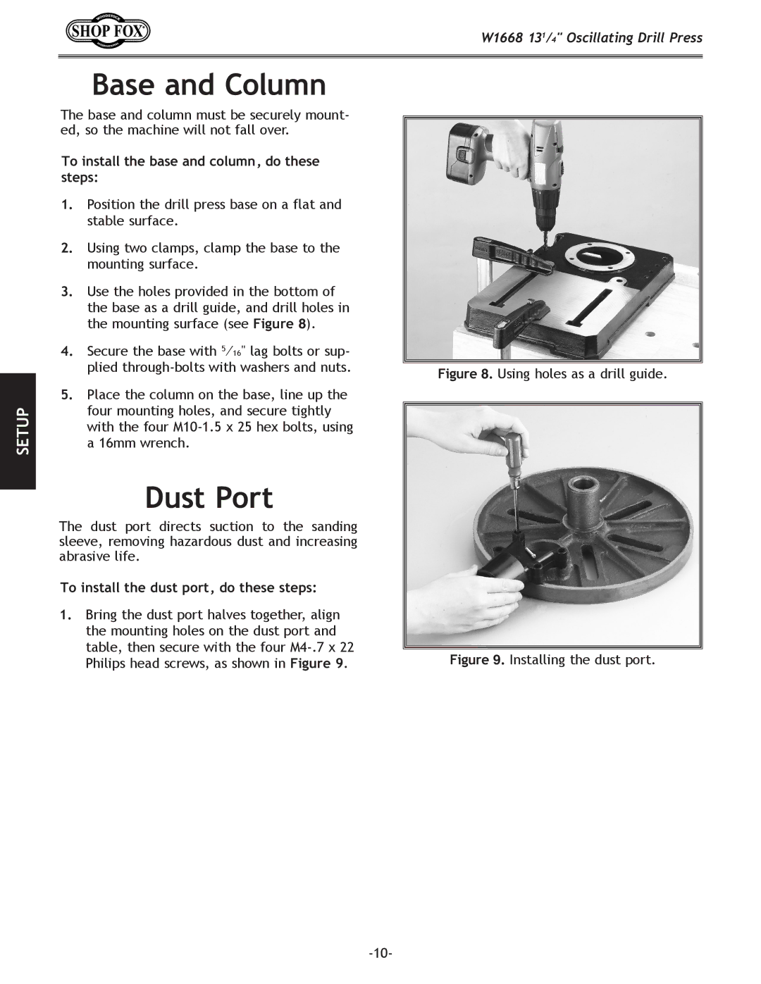 Woodstock W1668 manual Base and Column, Dust Port, To install the base and column, do these steps 