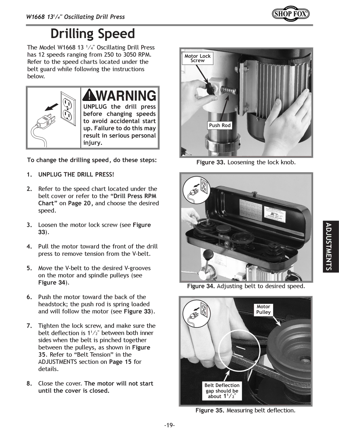 Woodstock W1668 manual Drilling Speed, Loosening the lock knob 