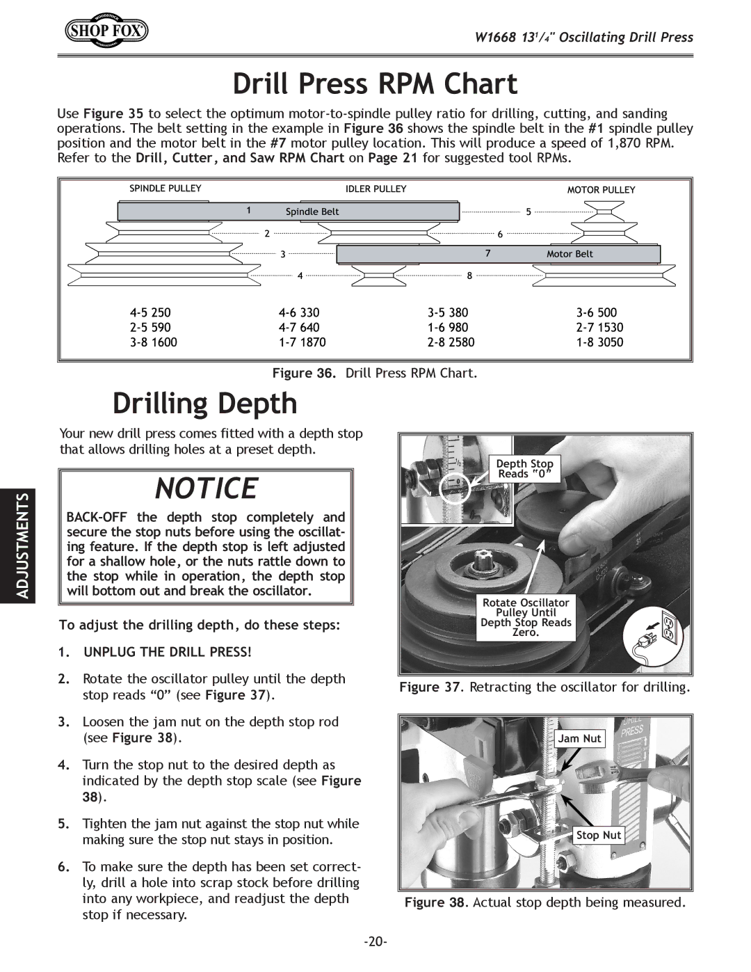 Woodstock W1668 manual Drill Press RPM Chart, Drilling Depth, To adjust the drilling depth, do these steps 