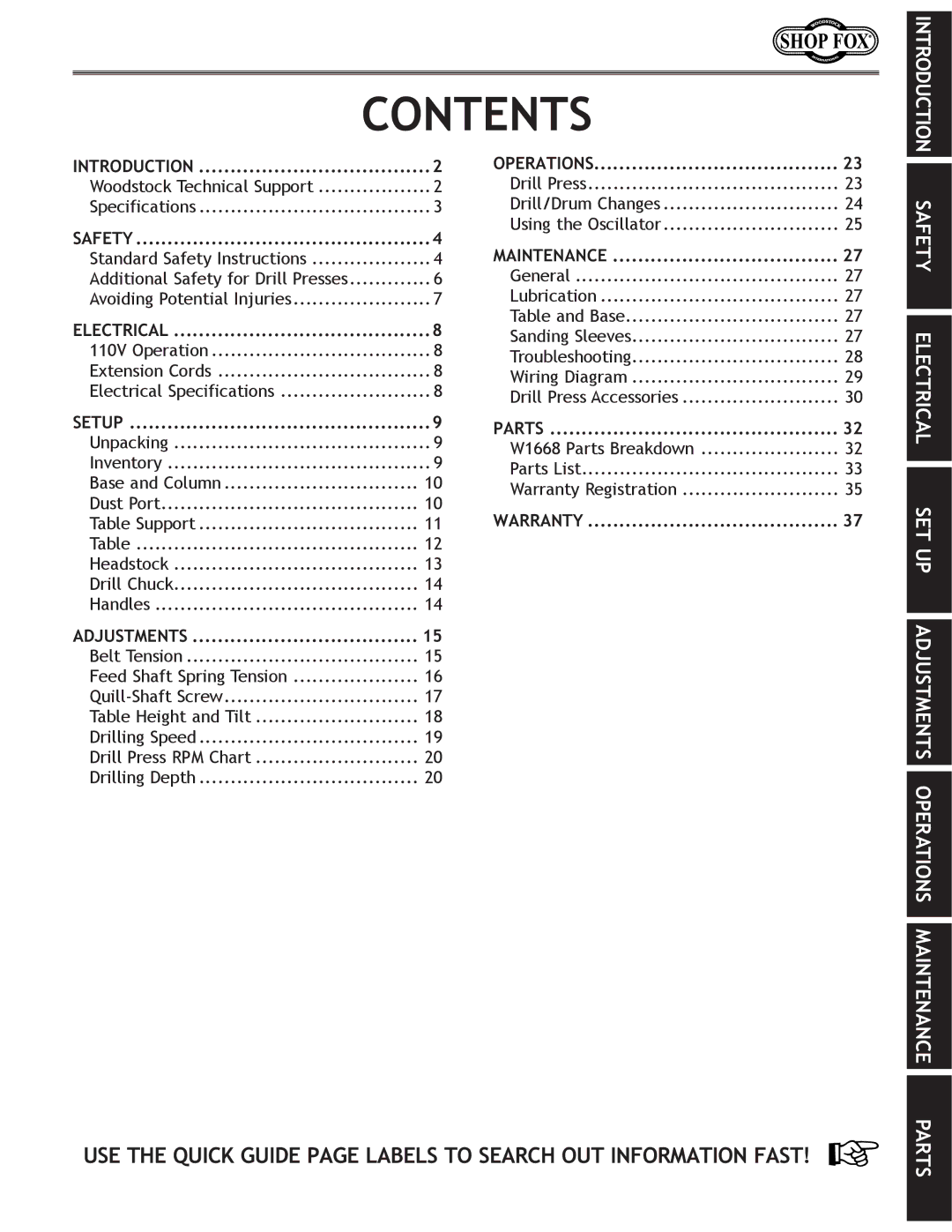 Woodstock W1668 manual Contents 