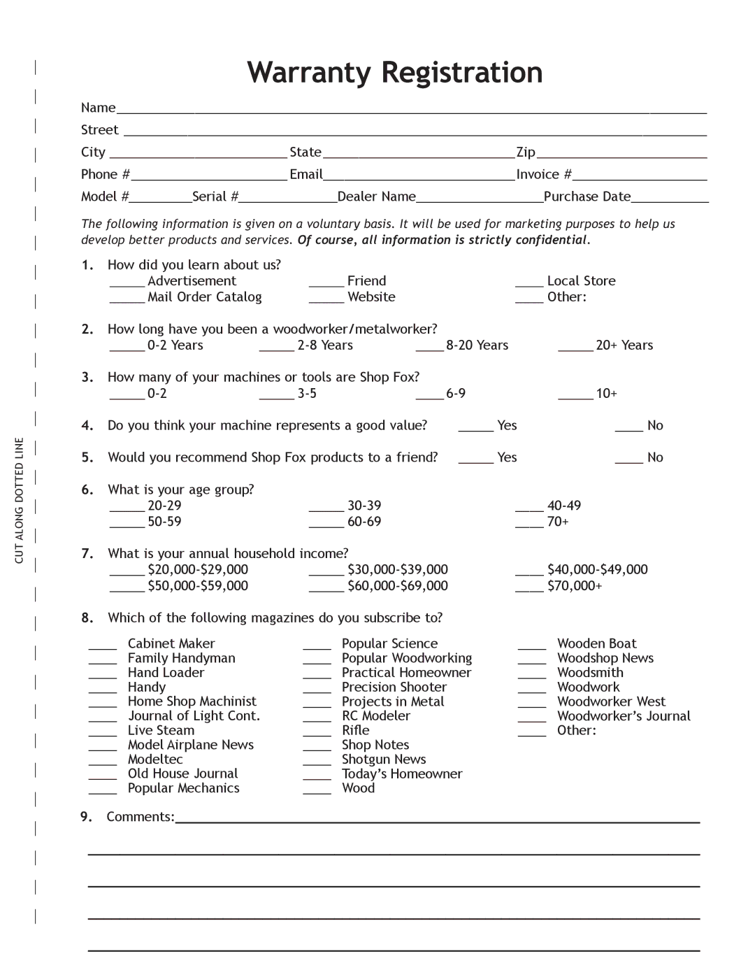 Woodstock W1668 manual Warranty Registration, Comments 