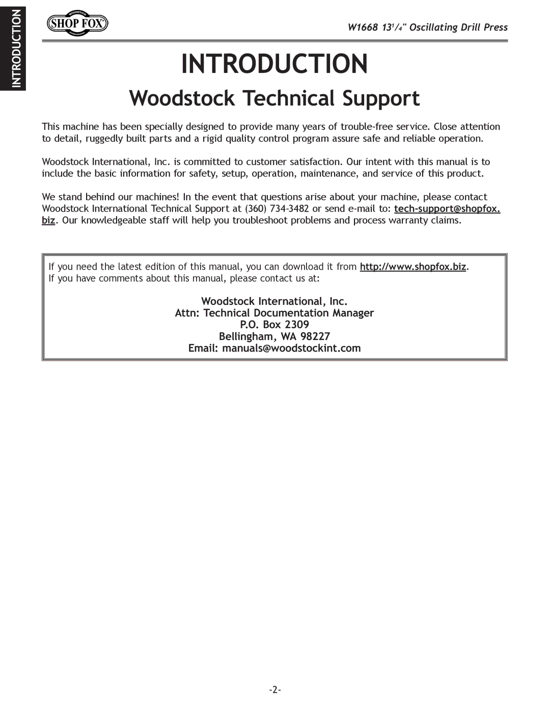 Woodstock W1668 manual Introduction, Woodstock Technical Support 