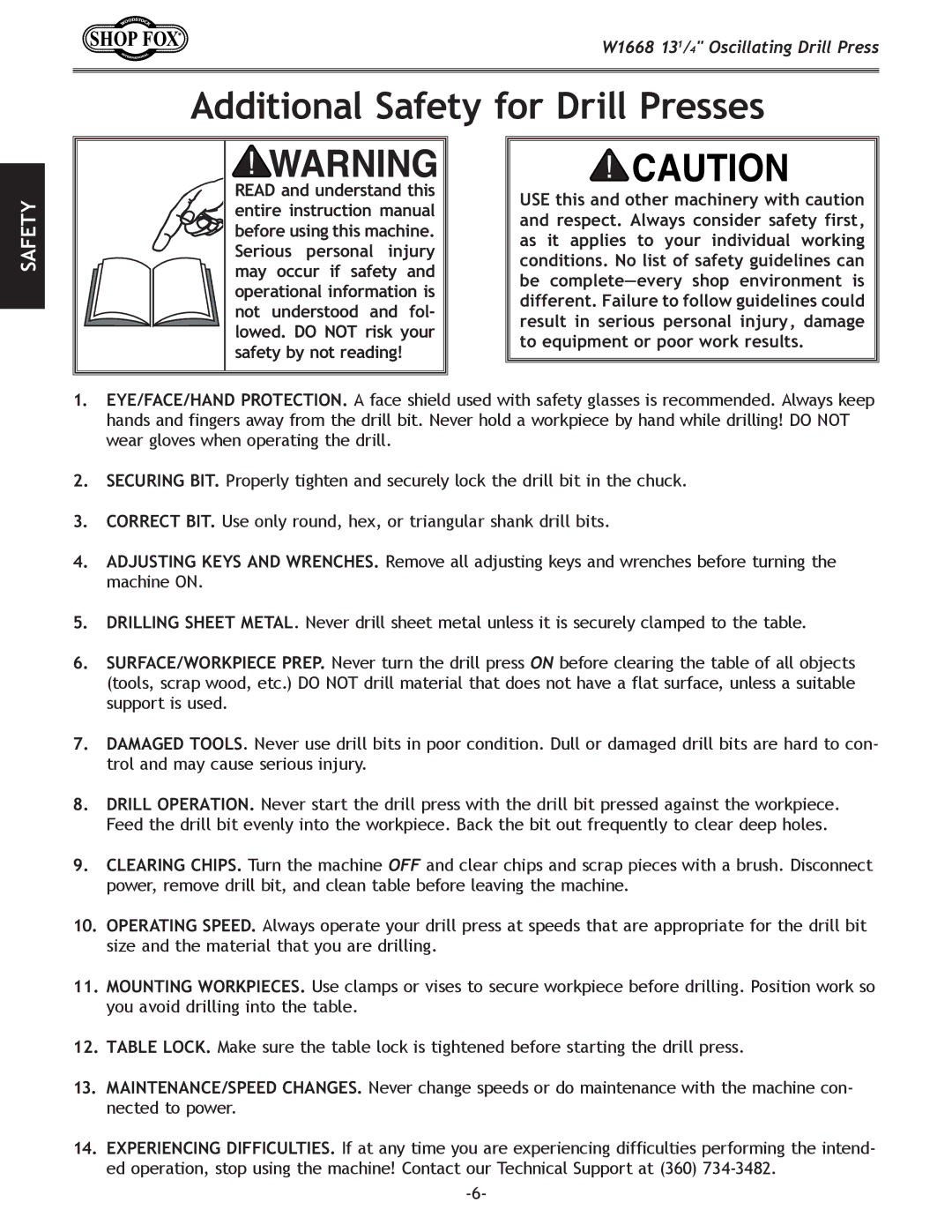 Woodstock W1668 manual Additional Safety for Drill Presses 