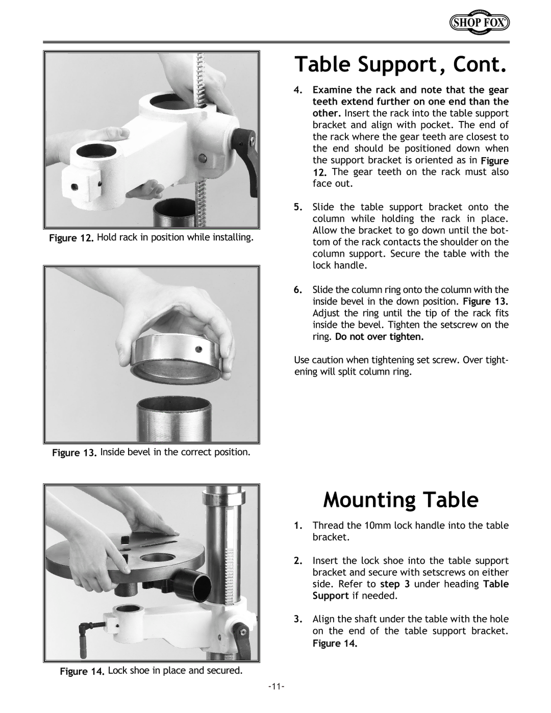 Woodstock W1668 instruction manual Table Support, Mounting Table 