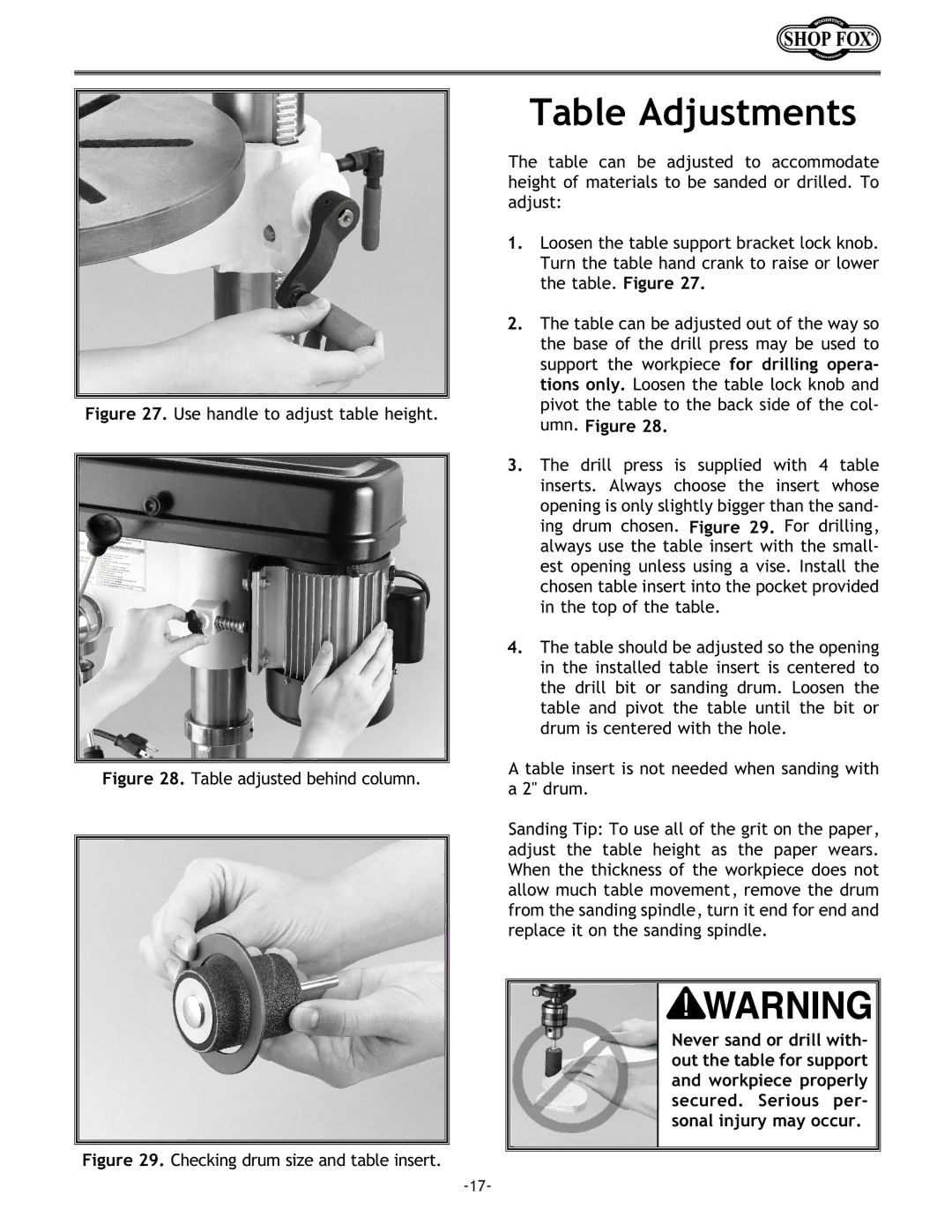 Woodstock W1668 instruction manual Table Adjustments, Use handle to adjust table height 