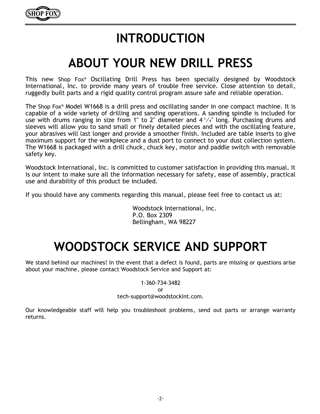 Woodstock W1668 instruction manual Introduction About Your NEW Drill Press, Woodstock Service and Support 