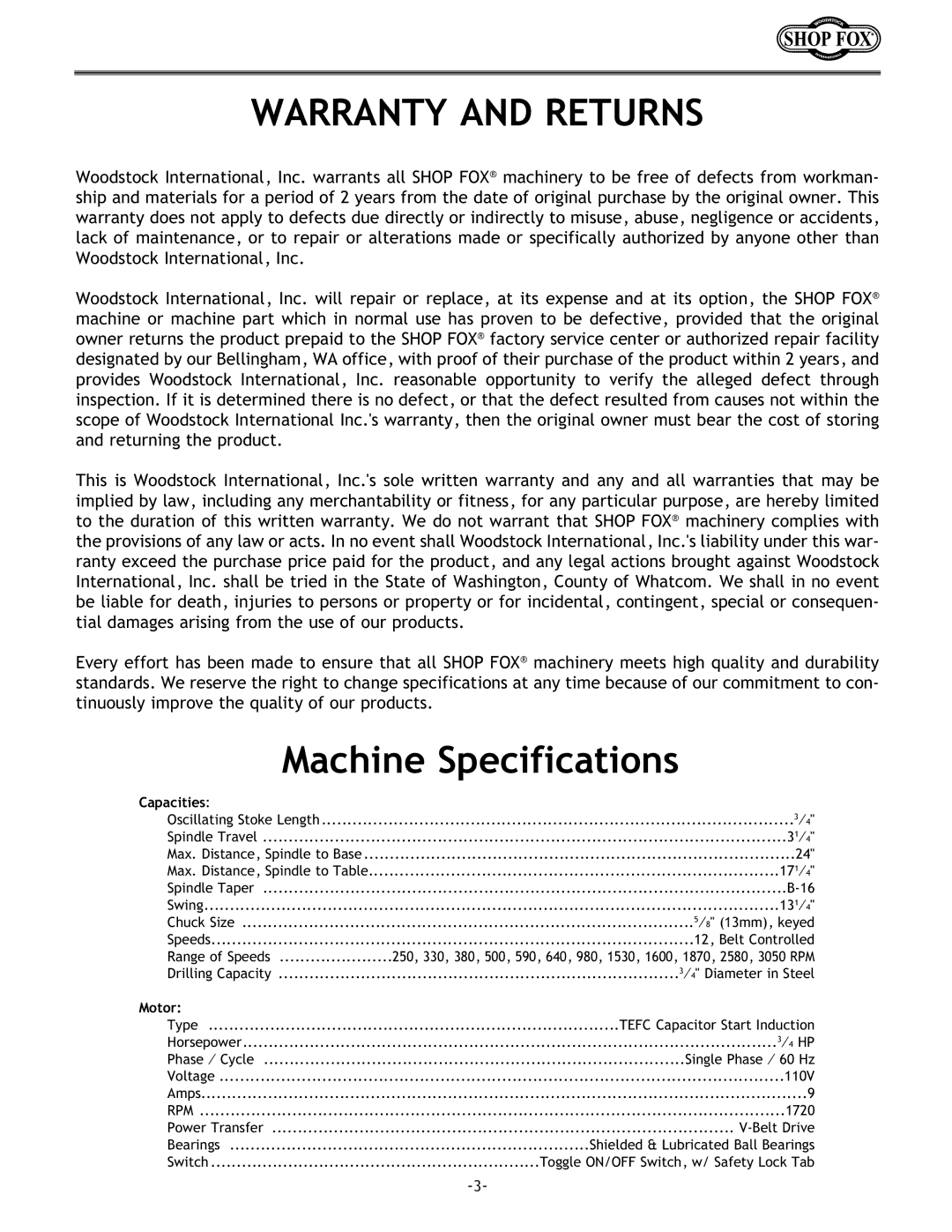 Woodstock W1668 instruction manual Warranty and Returns, Machine Specifications 