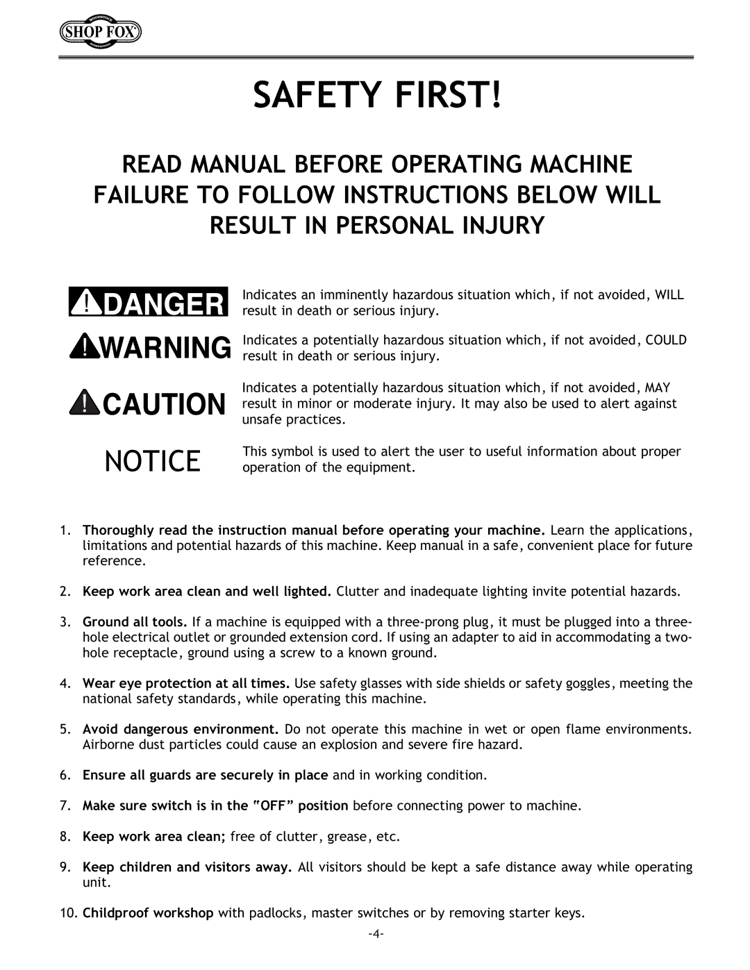 Woodstock W1668 instruction manual Safety First 