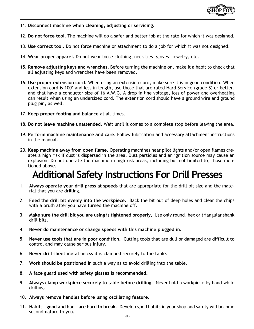 Woodstock W1668 Additional Safety Instructions For Drill Presses, Disconnect machine when cleaning, adjusting or servicing 