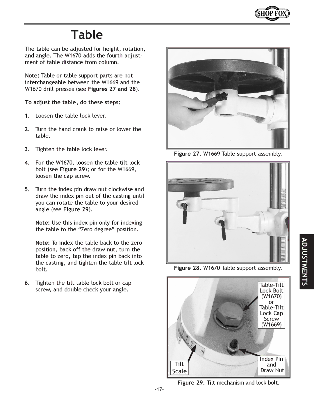 Woodstock D2722, W1670, D2677 instruction manual To adjust the table, do these steps, W1669 Table support assembly 