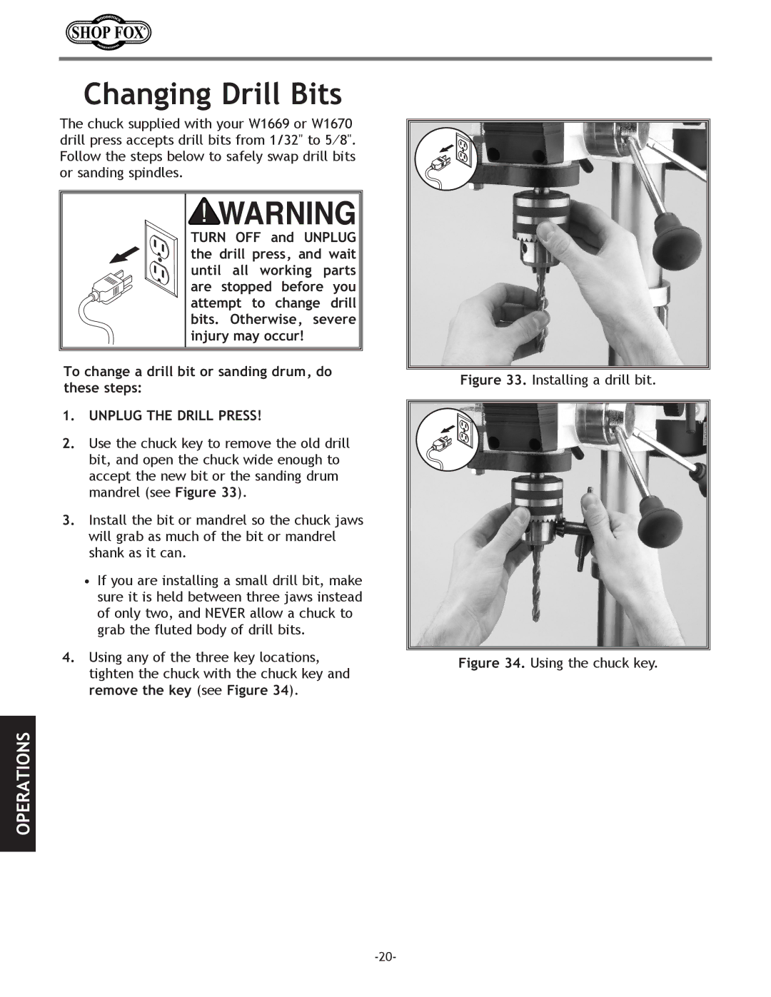 Woodstock D2677, W1670, W1669, D2722 instruction manual Changing Drill Bits, Installing a drill bit 