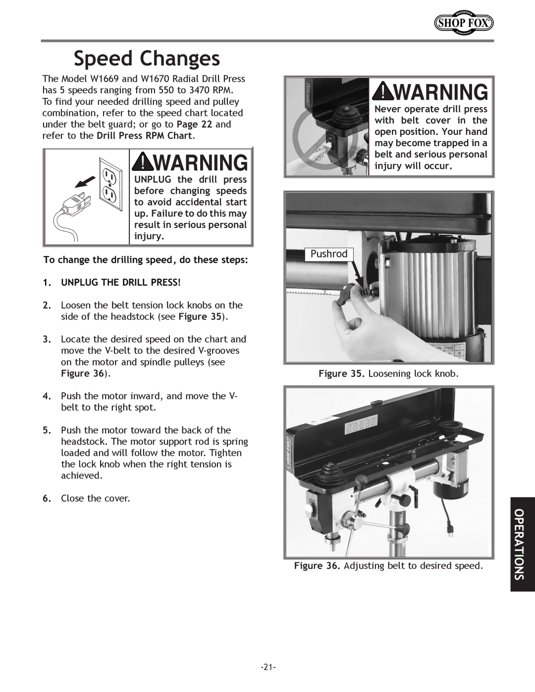 Woodstock D2722, W1670, W1669, D2677 instruction manual Speed Changes, Loosening lock knob 