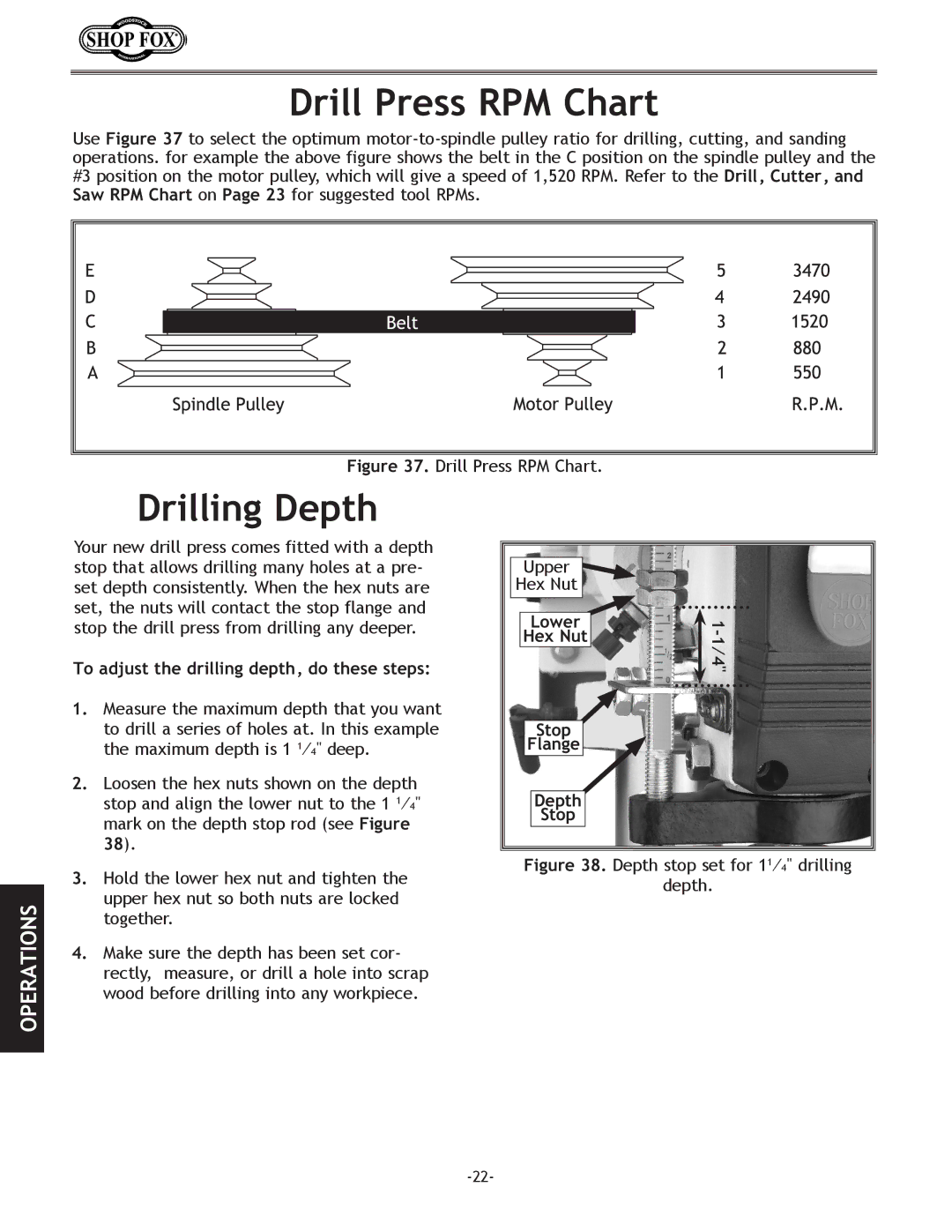 Woodstock W1670 Drill Press RPM Chart, Drilling Depth, To adjust the drilling depth, do these steps, Stop Flange Depth 