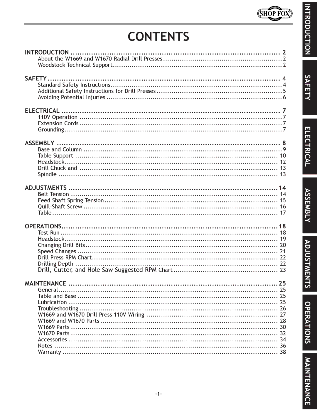 Woodstock D2722, W1670, W1669, D2677 instruction manual Contents 