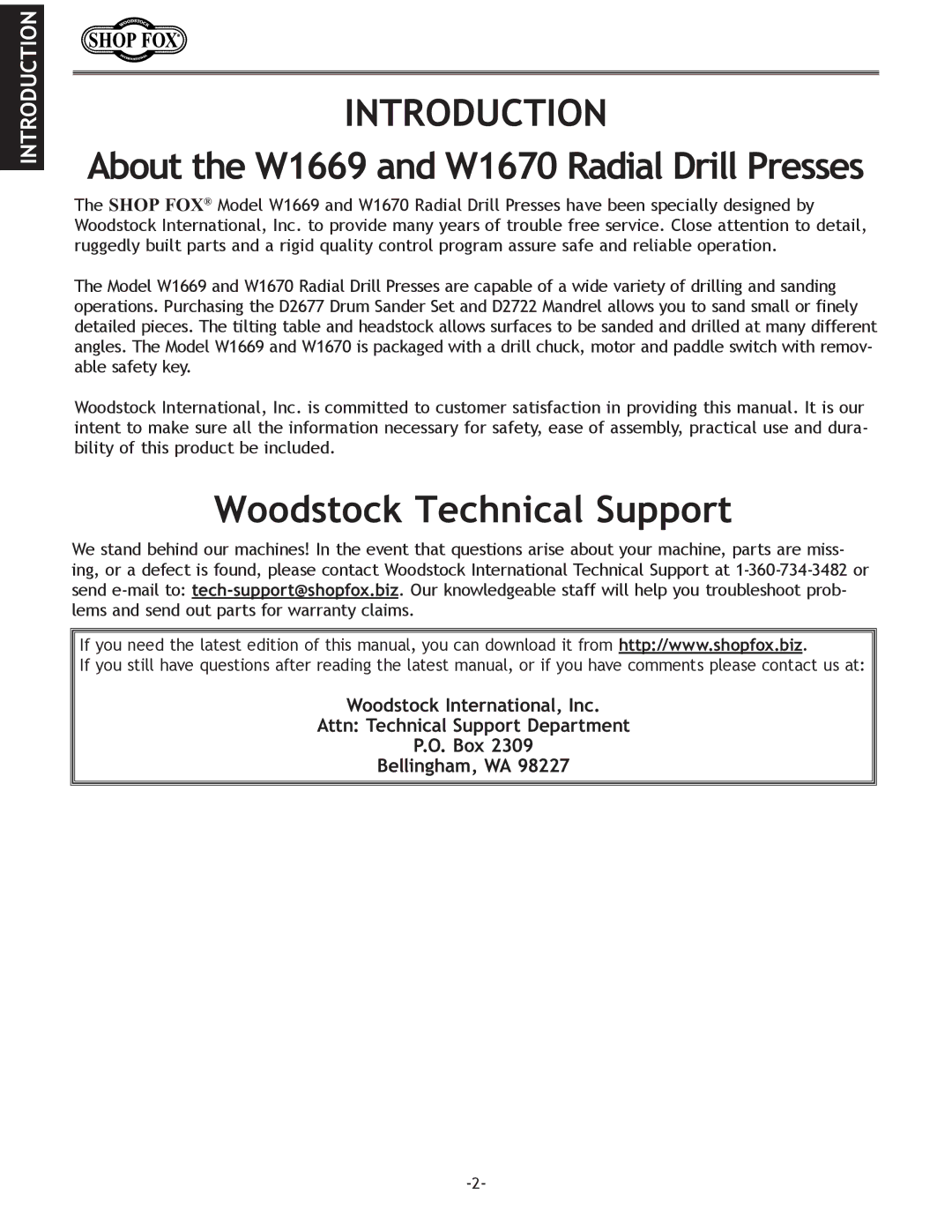 Woodstock W1670, W1669, D2677, D2722 instruction manual Introduction, Woodstock Technical Support 