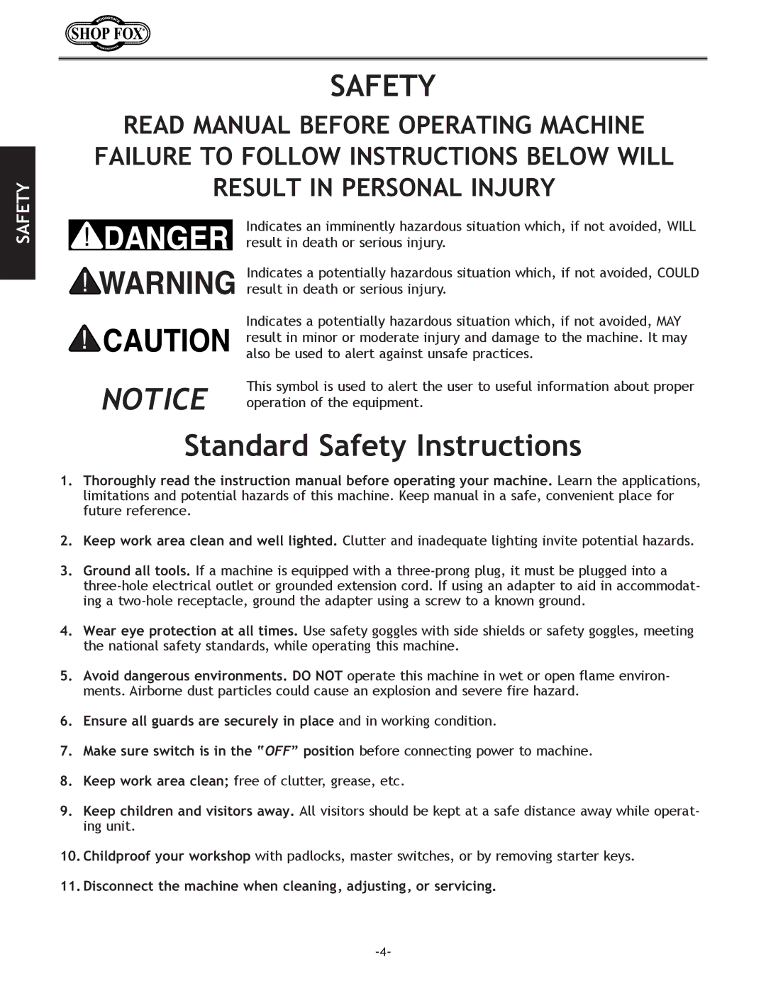 Woodstock D2677, W1670, W1669, D2722 instruction manual Standard Safety Instructions 