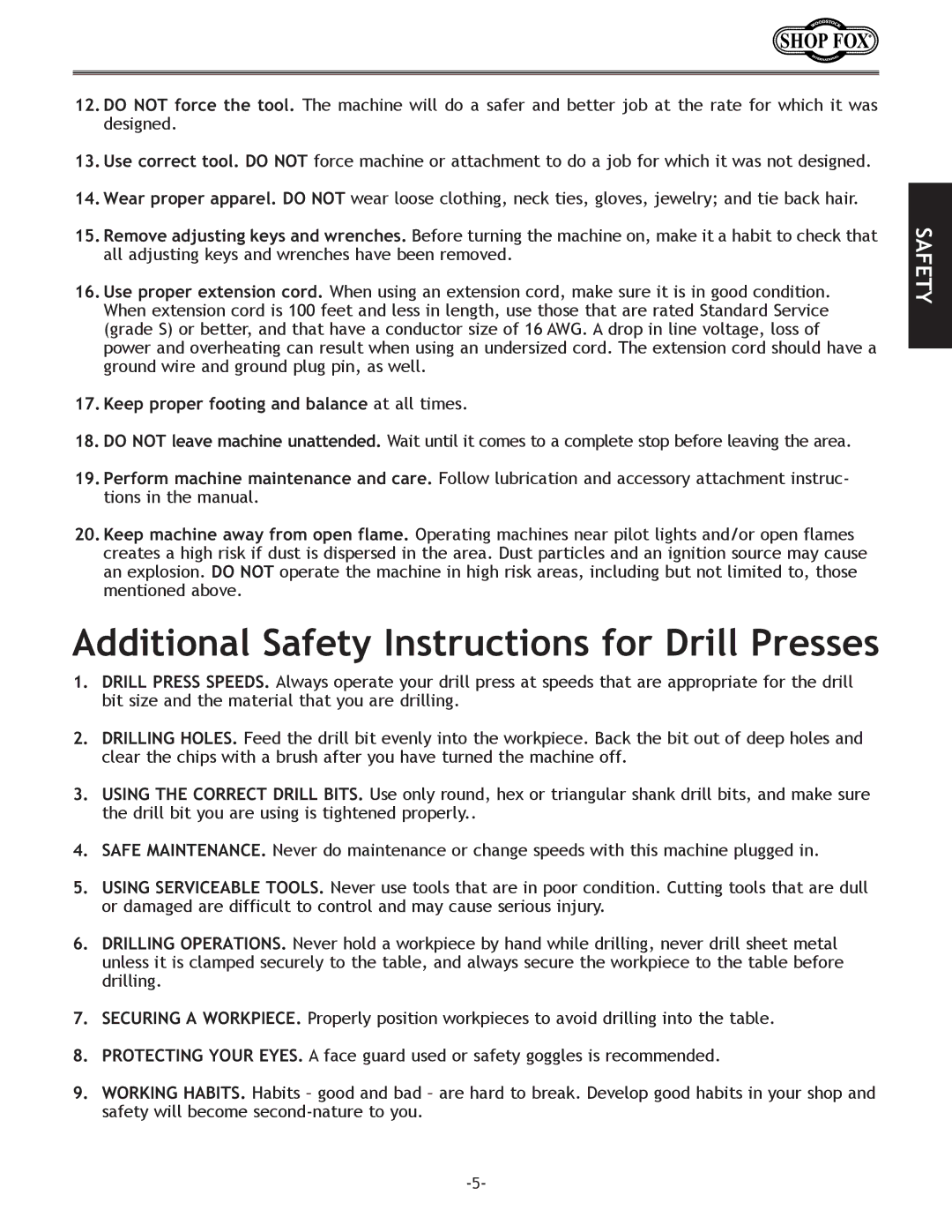 Woodstock D2722, W1670 Additional Safety Instructions for Drill Presses, Keep proper footing and balance at all times 