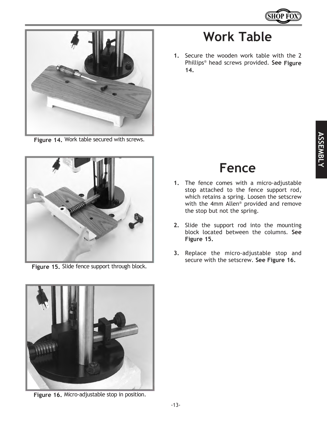 Woodstock W1671 instruction manual Work Table, Fence 