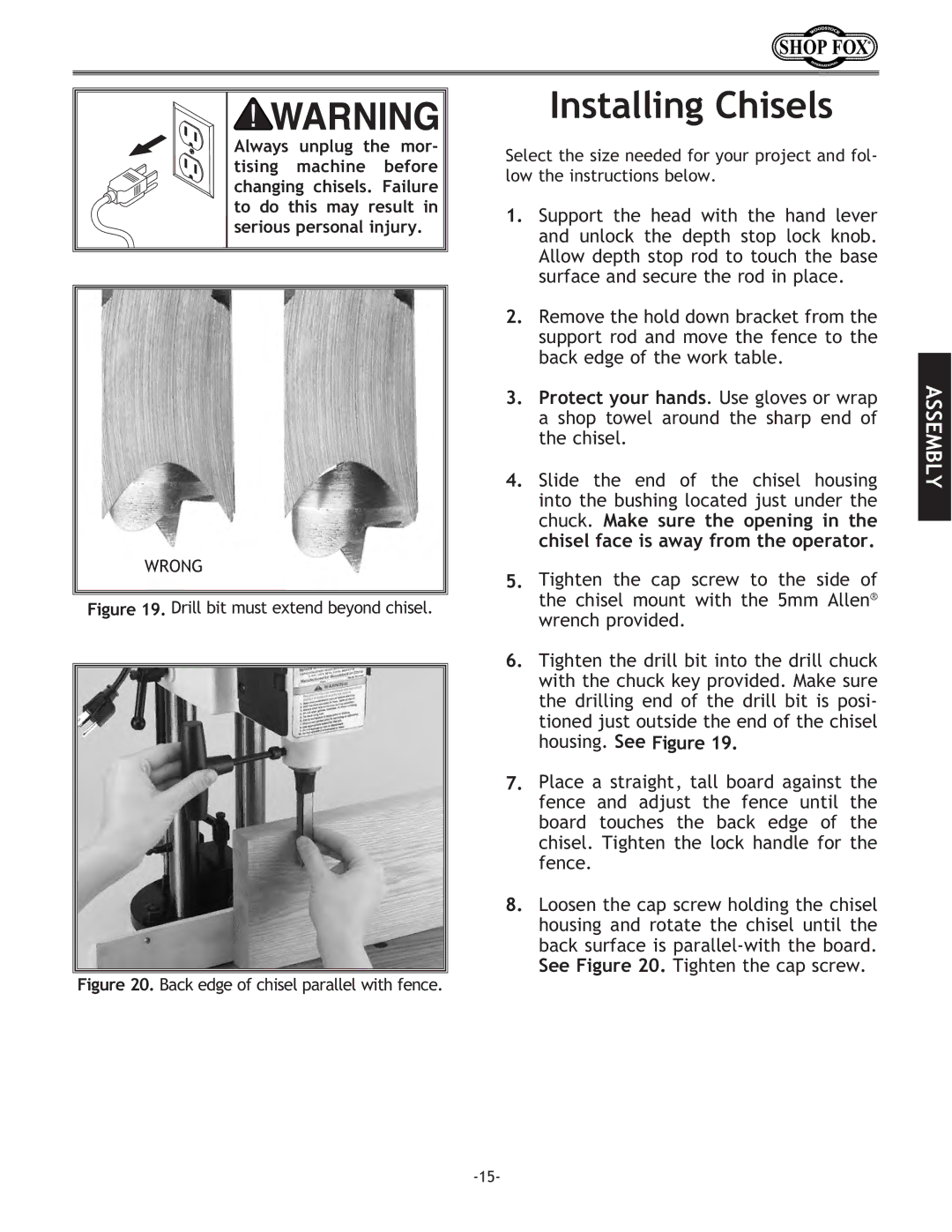 Woodstock W1671 instruction manual Installing Chisels, Drill bit must extend beyond chisel 