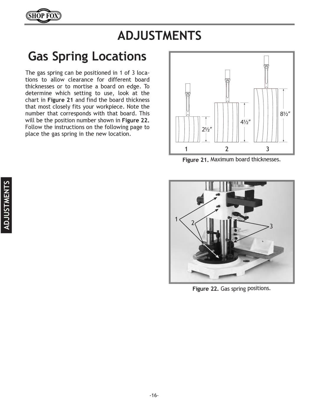 Woodstock W1671 instruction manual Adjustments, Gas Spring Locations 