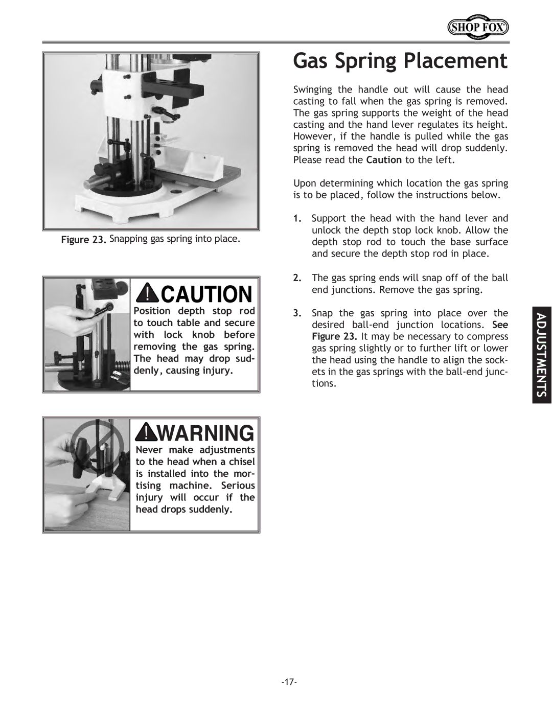 Woodstock W1671 instruction manual Gas Spring Placement, Snapping gas spring into place 