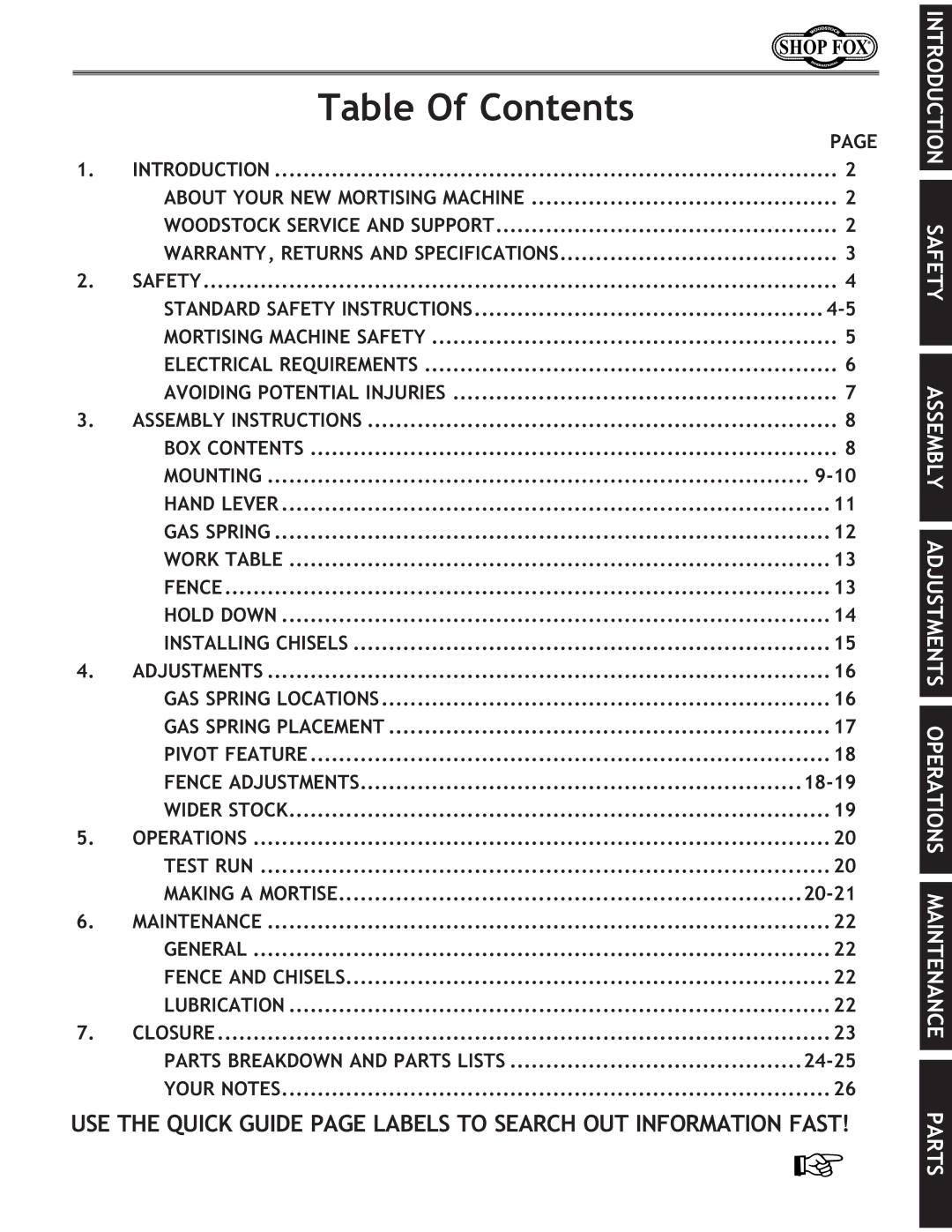 Woodstock W1671 instruction manual Table Of Contents 