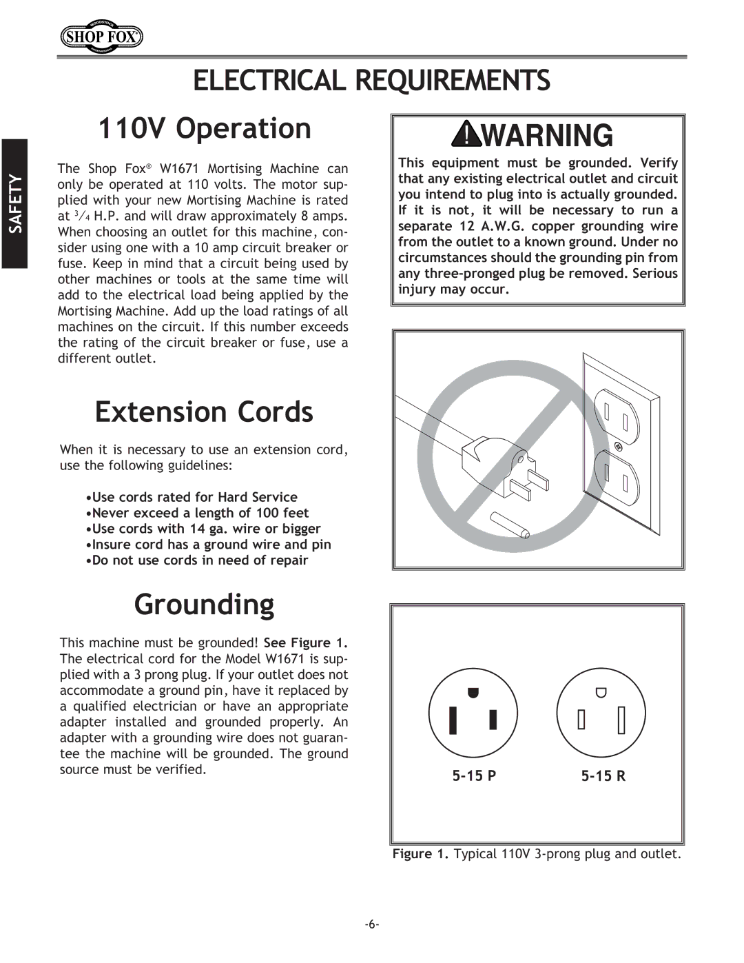 Woodstock W1671 instruction manual Electrical Requirements, 110V Operation, Extension Cords, Grounding 