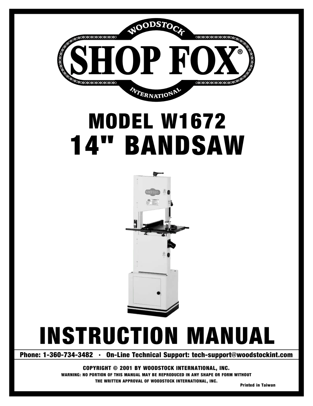 Woodstock W1672 instruction manual Bandsaw 