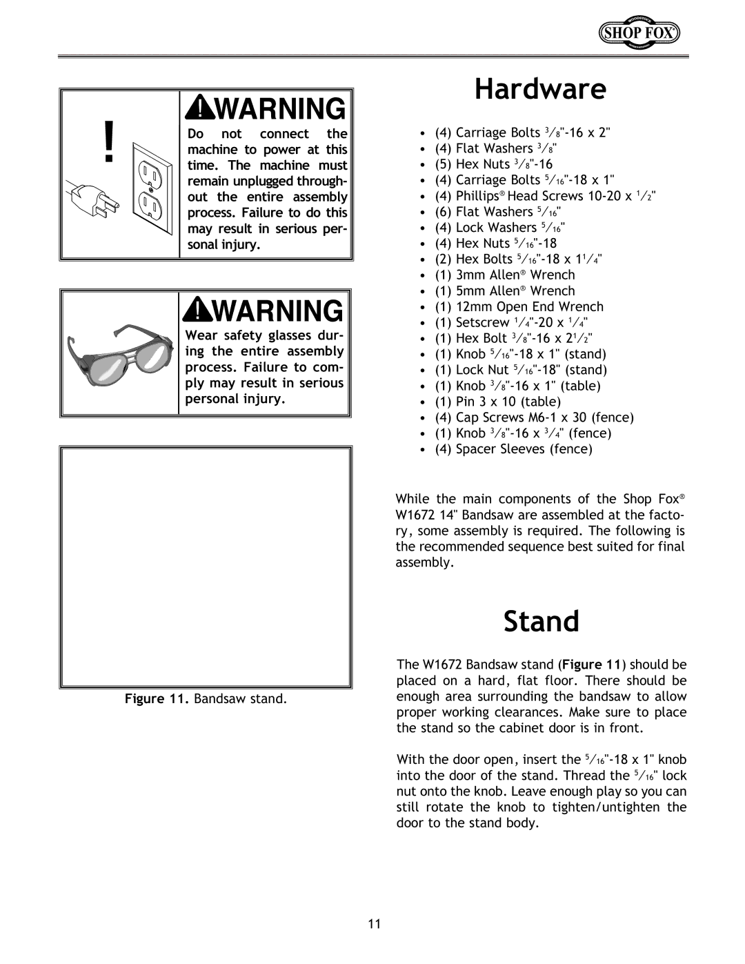 Woodstock W1672 instruction manual Hardware, Stand 