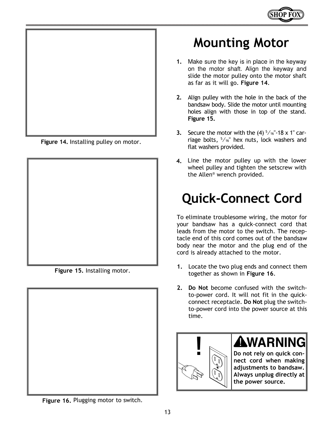 Woodstock W1672 instruction manual Mounting Motor, Quick-Connect Cord 