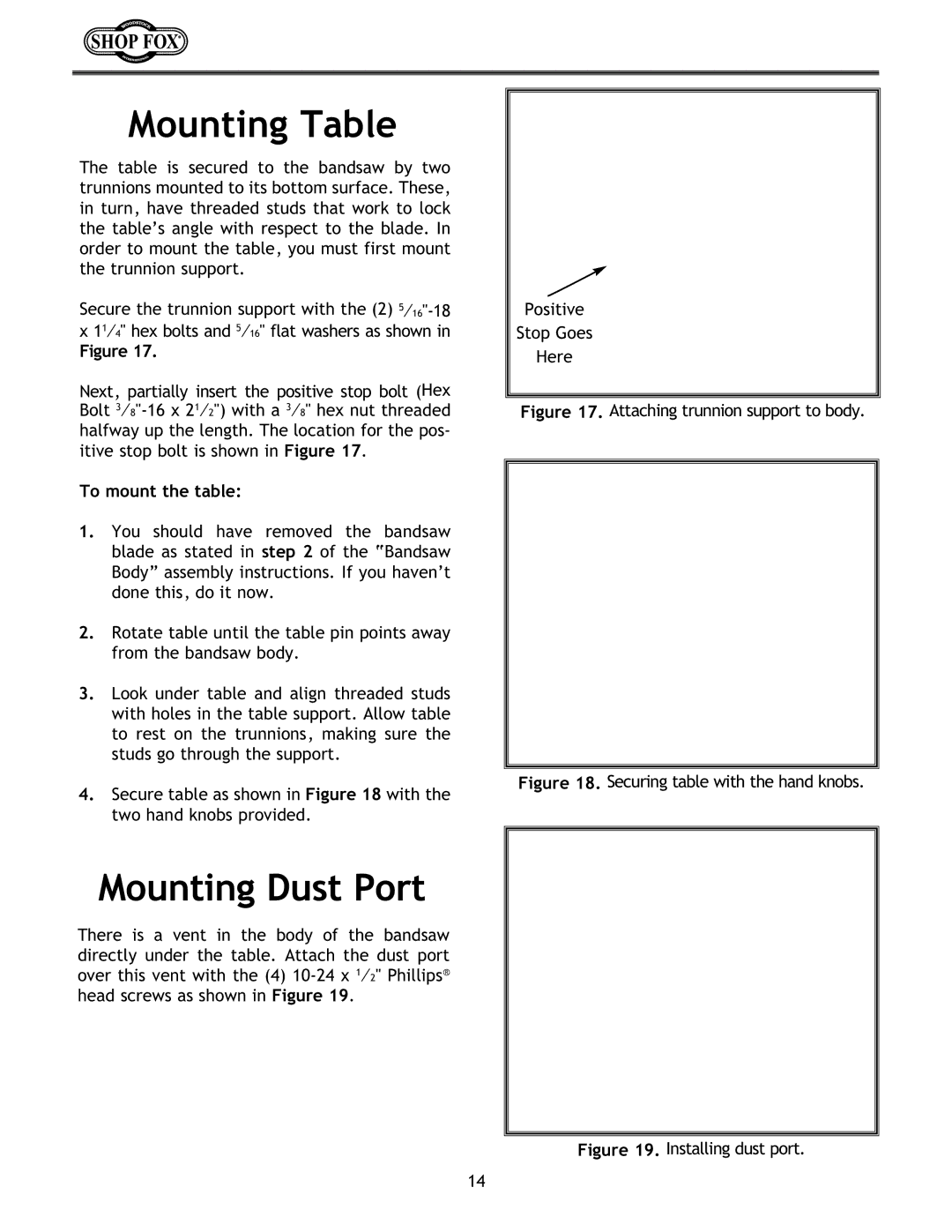 Woodstock W1672 instruction manual Mounting Table, Mounting Dust Port, To mount the table 