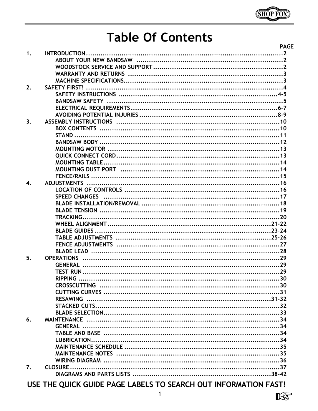 Woodstock W1672 instruction manual Table Of Contents 